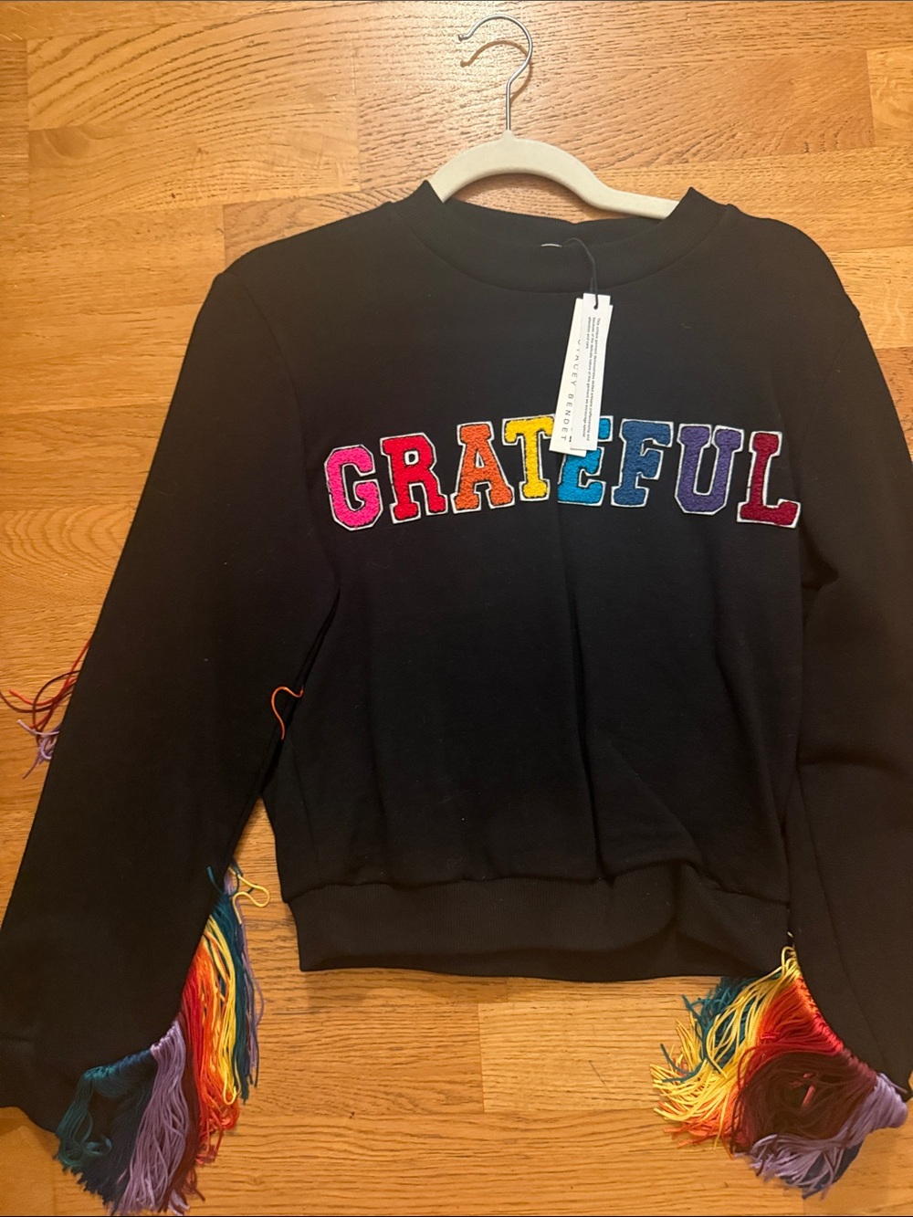 NWT Alice + Olivia Black 'Grateful' Rainbow Appliqué fringe Sweatshirt